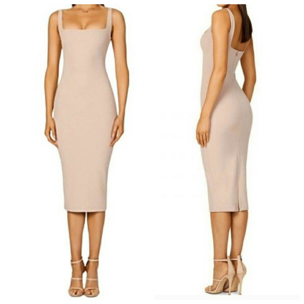 Nookie Rendevous Midi Dress Nude Square Neck Vented Sleeveless XS